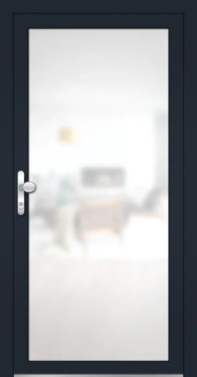 Schlichte, moderne Tür mit transparentem Glas und dunkler Umrahmung.