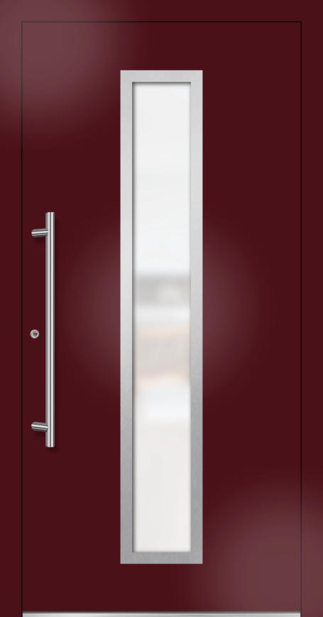 Rote Eingangstür mit schmalem Glasfenster und silbernem Türgriff.
