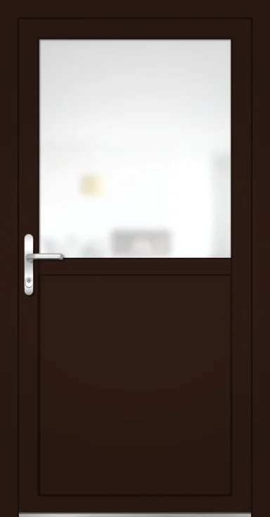 Braune Tür mit Glasfeld, dahinter ist ein verschwommener Raum sichtbar.