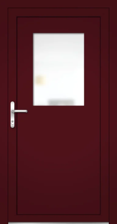 Rote Tür mit Glasfenster und silbernem Türgriff.