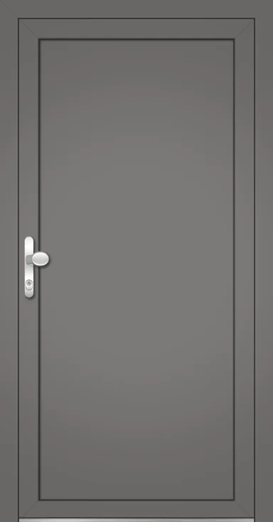 Graue Tür mit schlichter Oberfläche und rundem Türknopf.