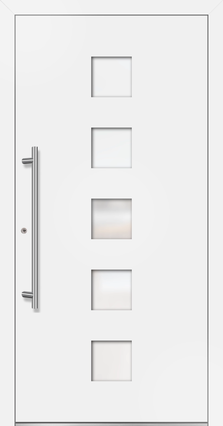 Weiße Tür mit einem langen Griff und vier rechteckigen Fenstern.