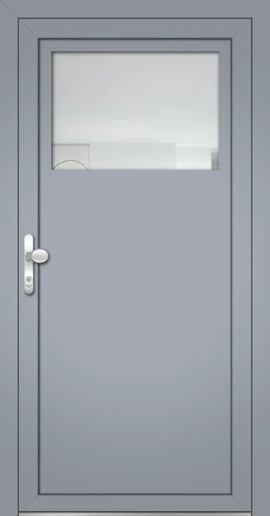 Graue Tür mit einem oberen Fenster und runder Türknauf rechts.