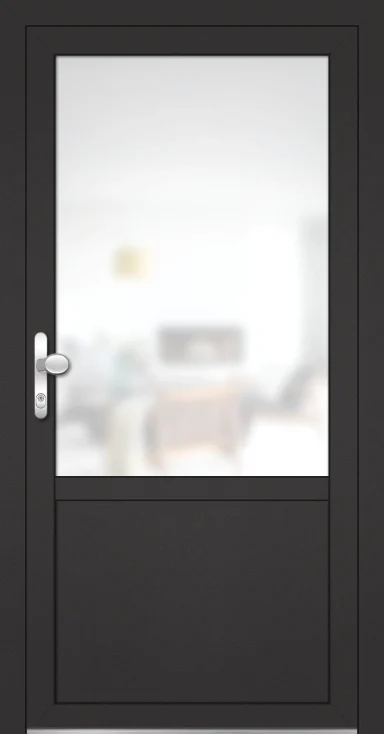 Schwarze Tür mit Glasfeld, Blick auf hellen Raum dahinter.