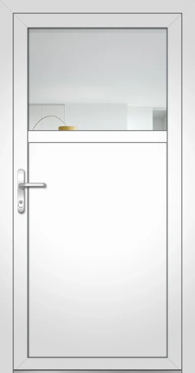 Weiße Tür mit oberer Glasfläche und modernem Edelstahlgriff.